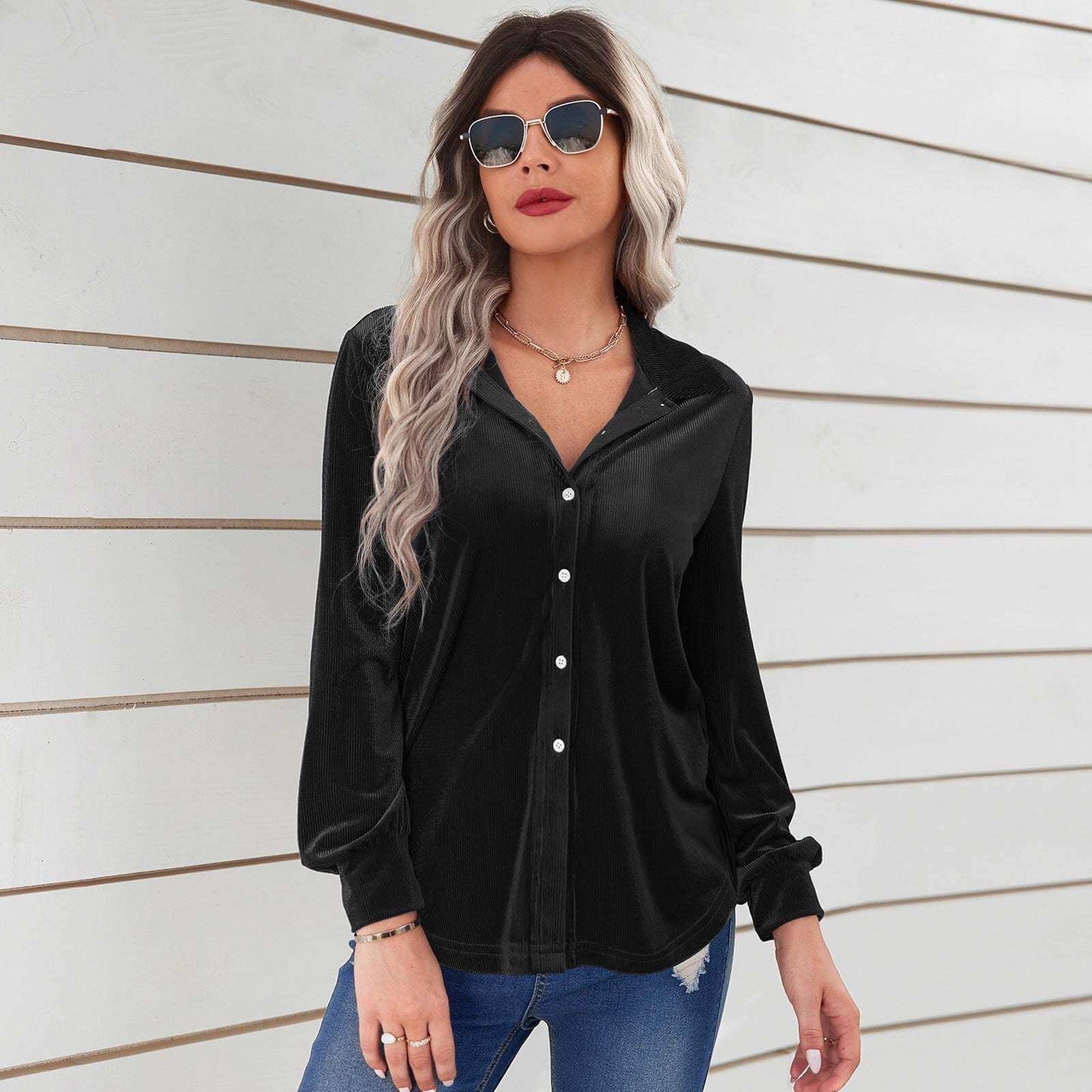 Ladies fashion velvet striped loose shirt in black with long sleeves