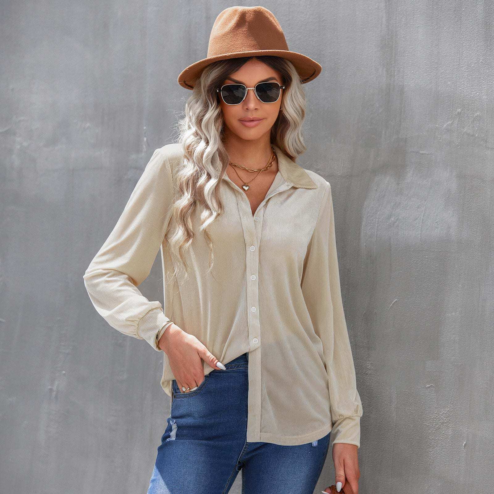 Ladies fashion velvet striped loose shirt in apricot with long sleeves and high collar.