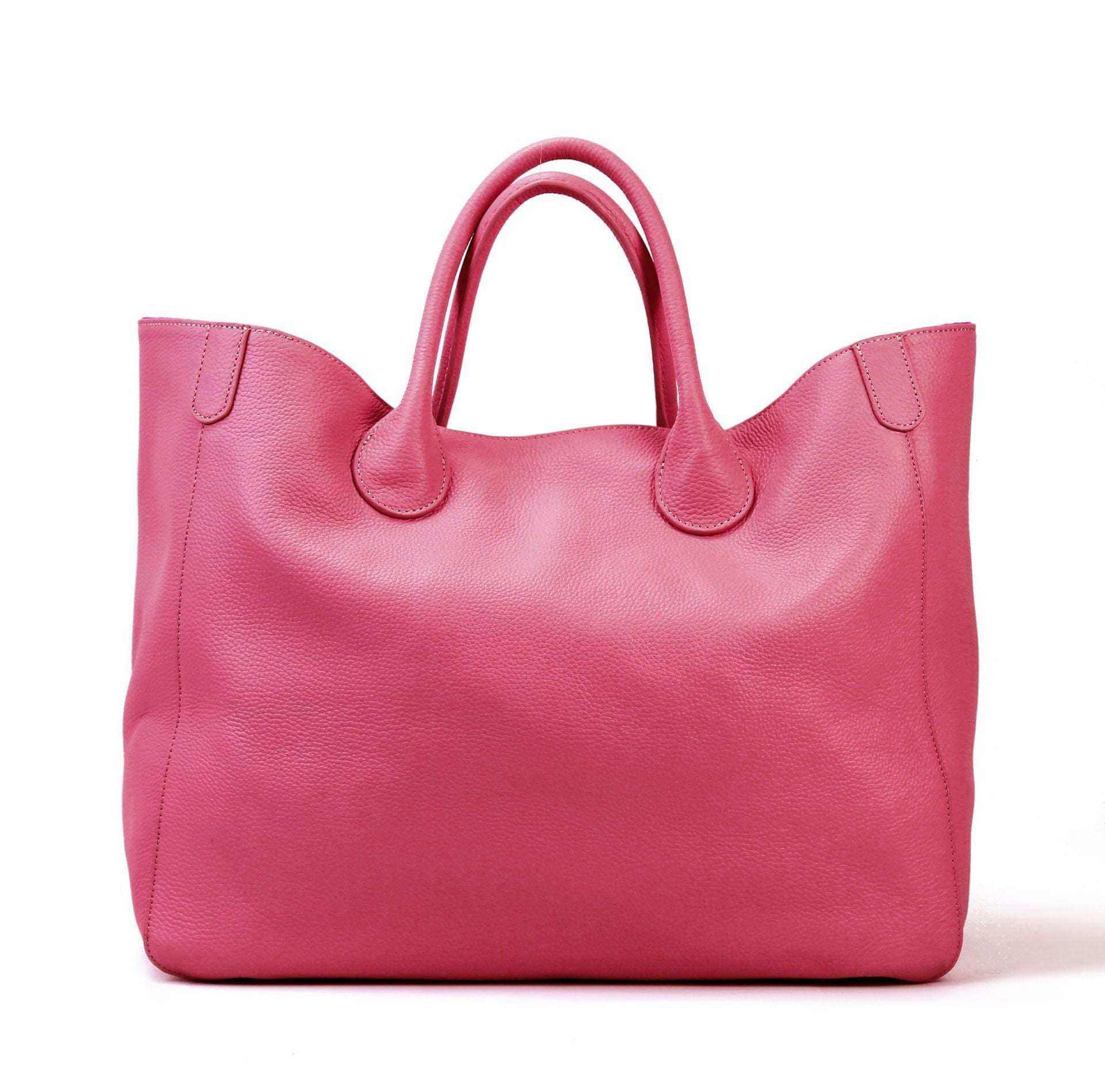 Top layer leather pink ladies tote bag with hand-held design.