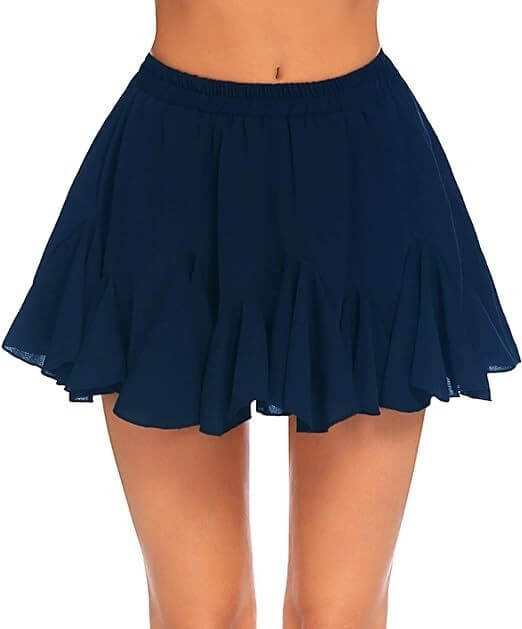 A-line high waist pleated mini skirt in dark blue with elastic waistband.