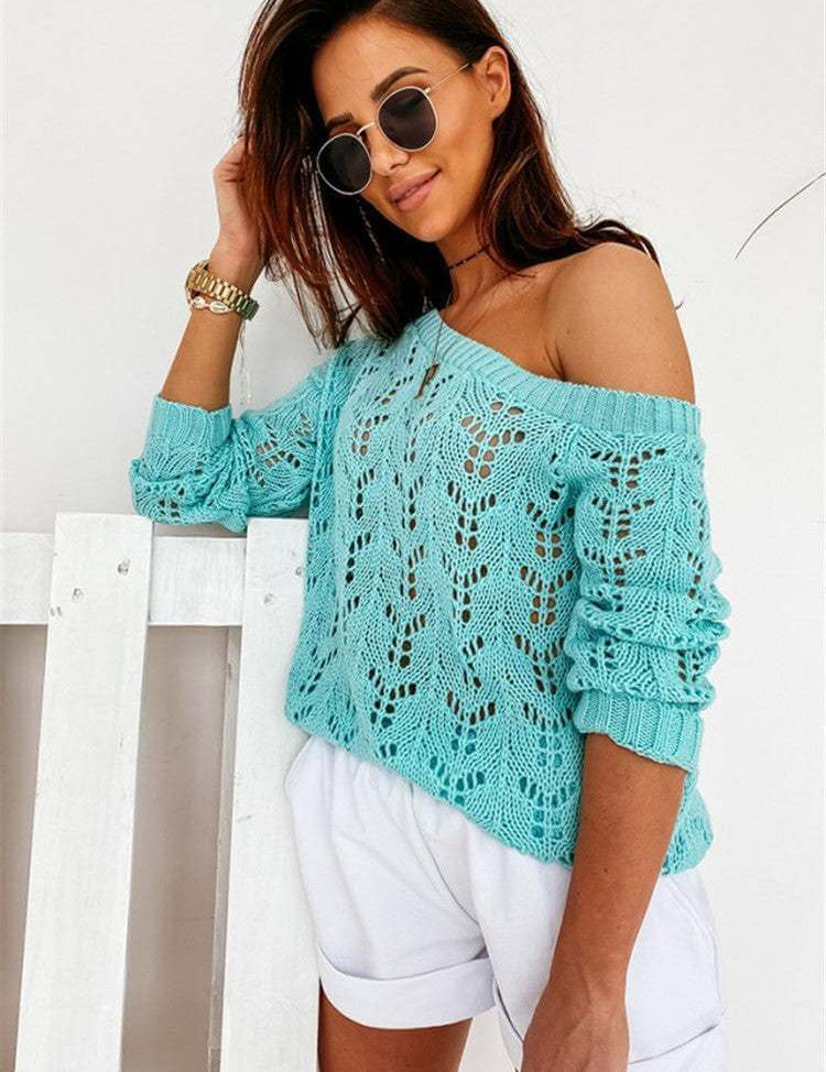 Hollow knit women's off-shoulder top in turquoise.