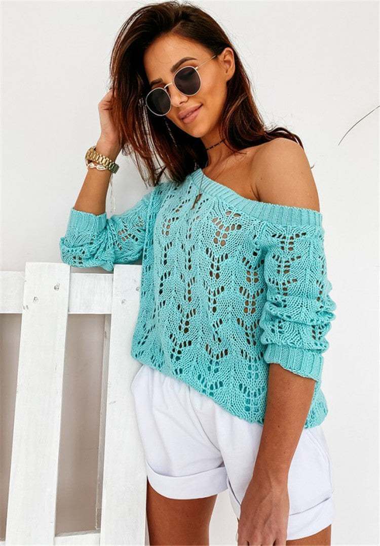 Hollow knit women's off-shoulder top in turquoise.