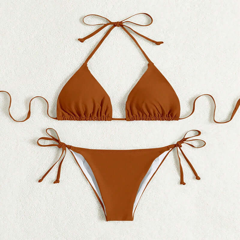 Pure color tied halter bikini swimsuit in solid dark brown, nylon lining, polyester fabric.