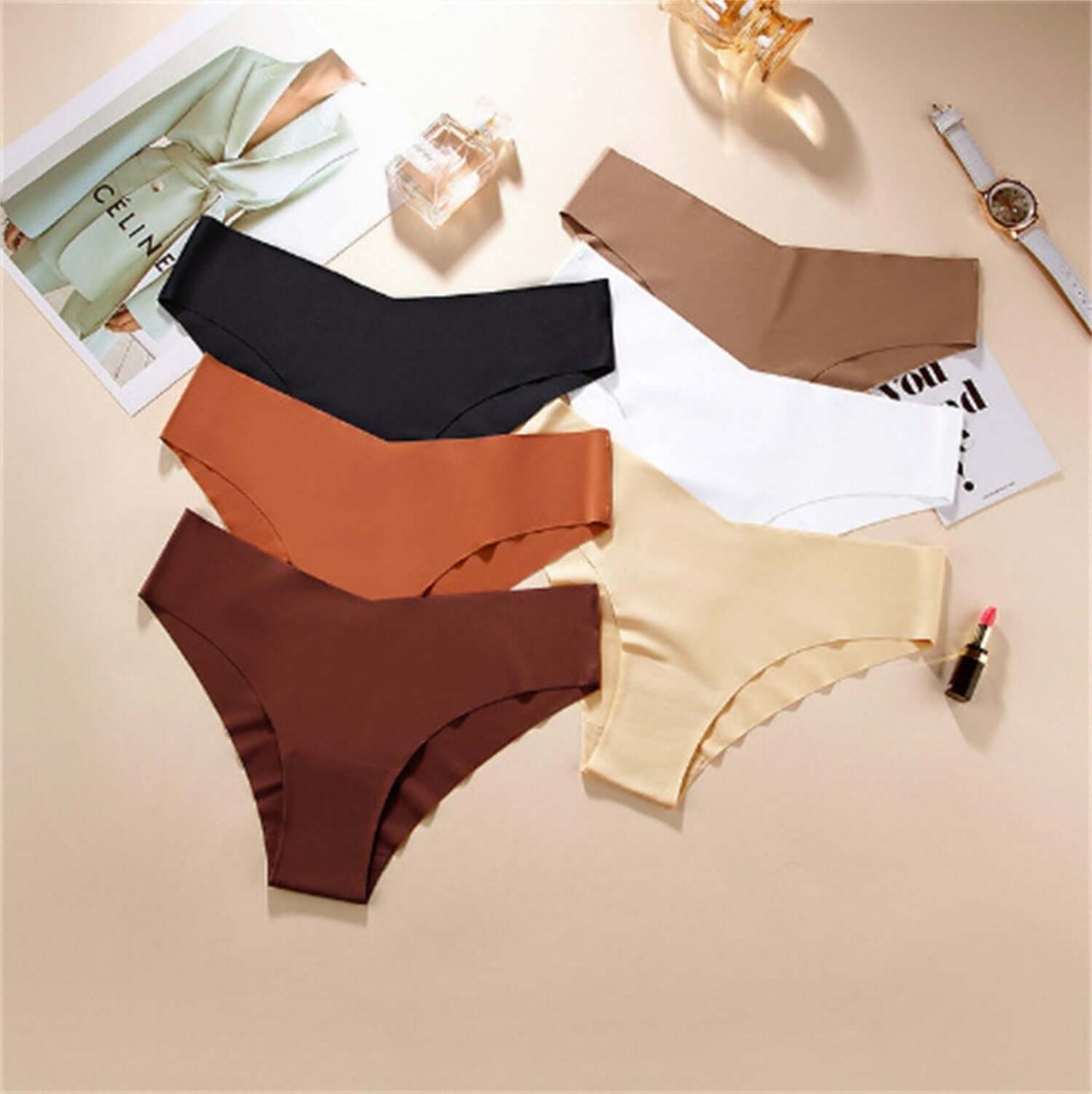 Women's V-shaped waistband seamless ice silk panties in assorted colors, featuring quick-drying and breathable fabric.