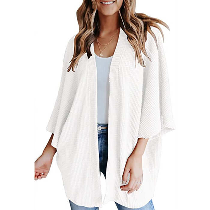 Bat Sleeve Waffle Gerson Women's Cardigan in white, loose fit, V-neck, seven-point sleeves.