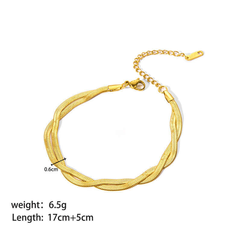 Stainless steel ornament bracelet for women with gold finish and geometric design.