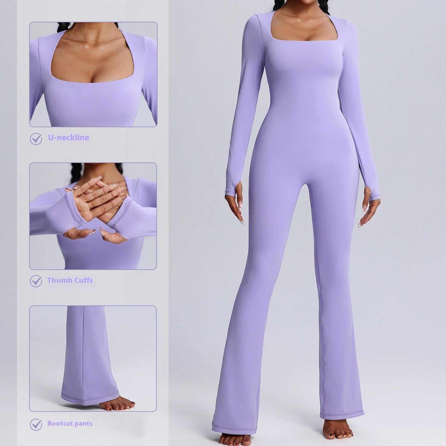 Women's square neck long-sleeved jumpsuit in lavender purple with flared pants for yoga and fitness.