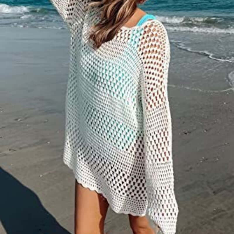 Woven round neck hollow beach cover-up sweater with bell sleeves in white, loose fit.