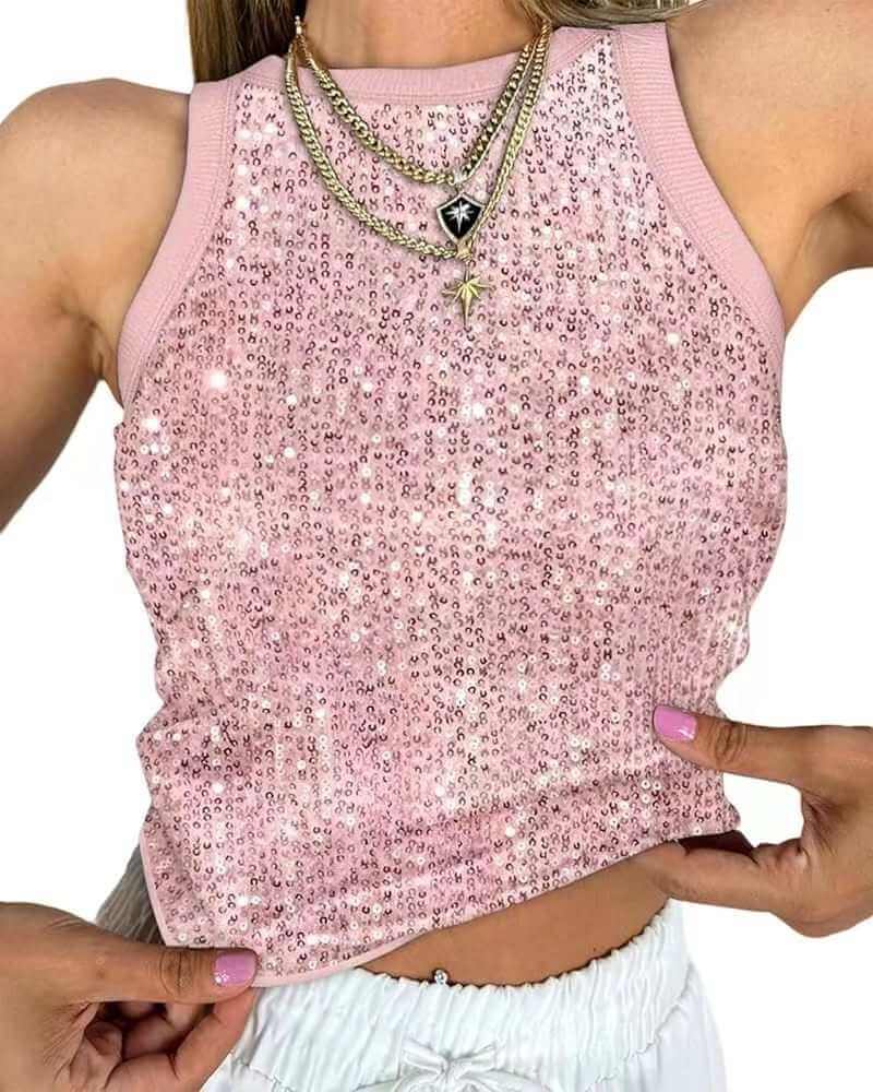 Cropped sleeveless sequin leopard print vest in pink with a slim fit design.