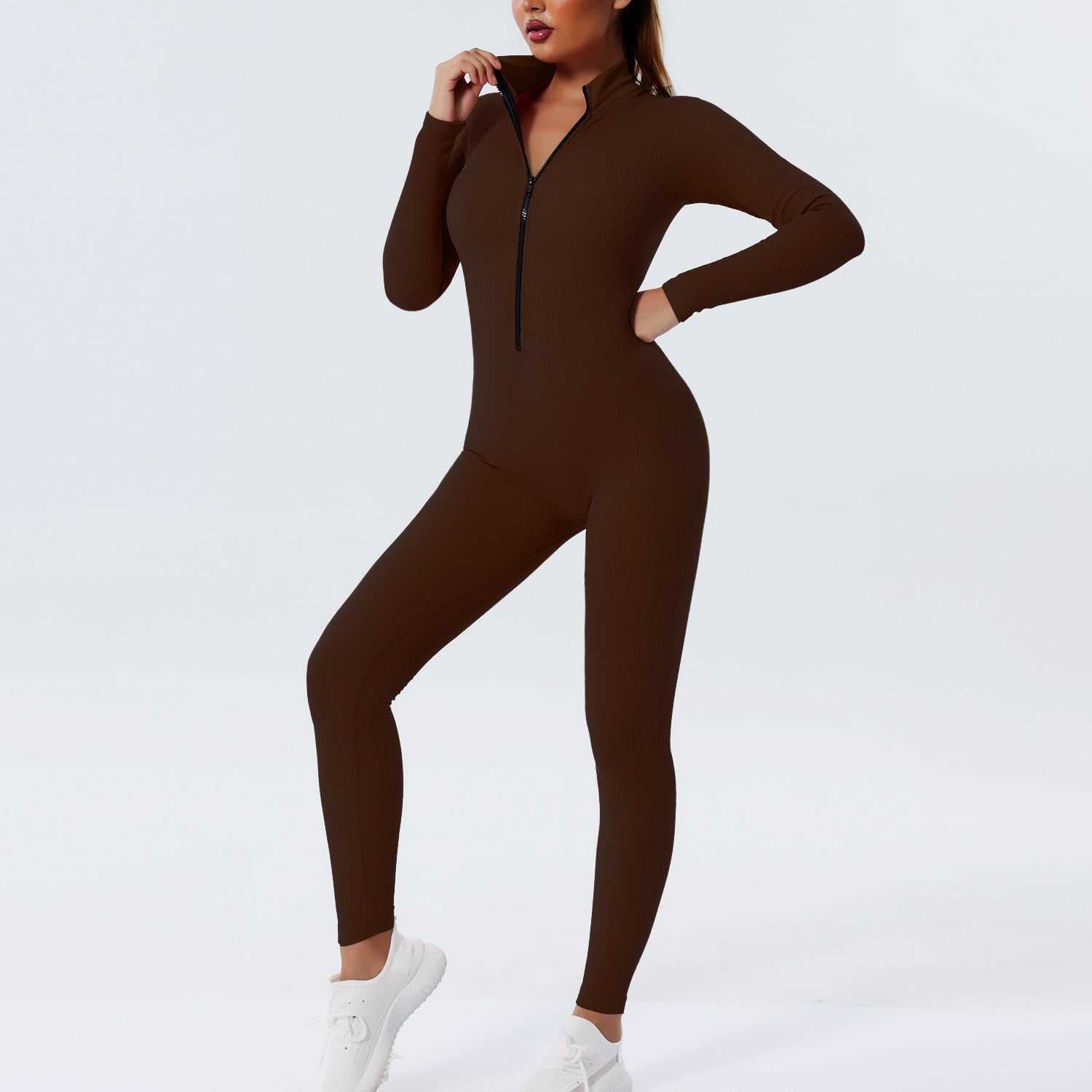 Brown long sleeve zipper thread yoga bodysuit for women, seamless design.