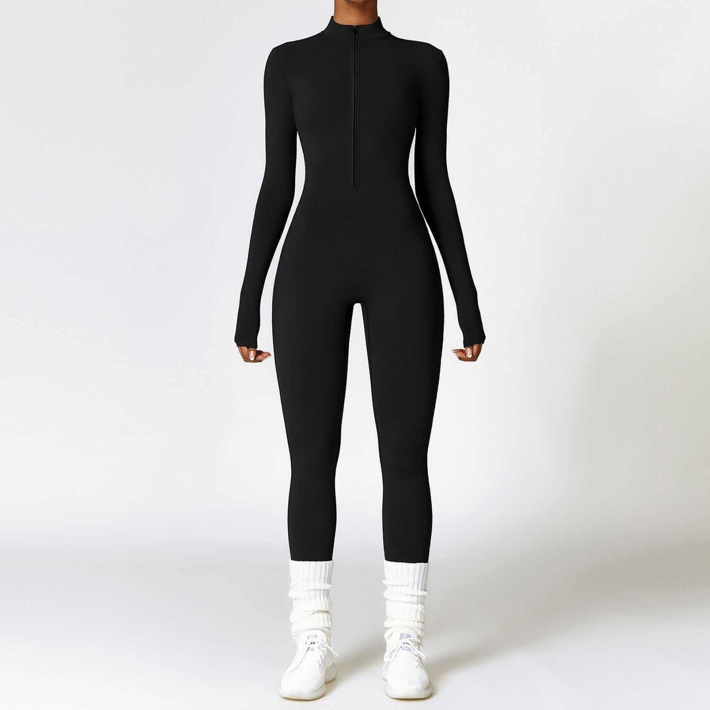 Women's Warm Zipper Long-sleeved Jumpsuit for Yoga and Fitness in Premium Black, featuring a breathable bodysuit design.