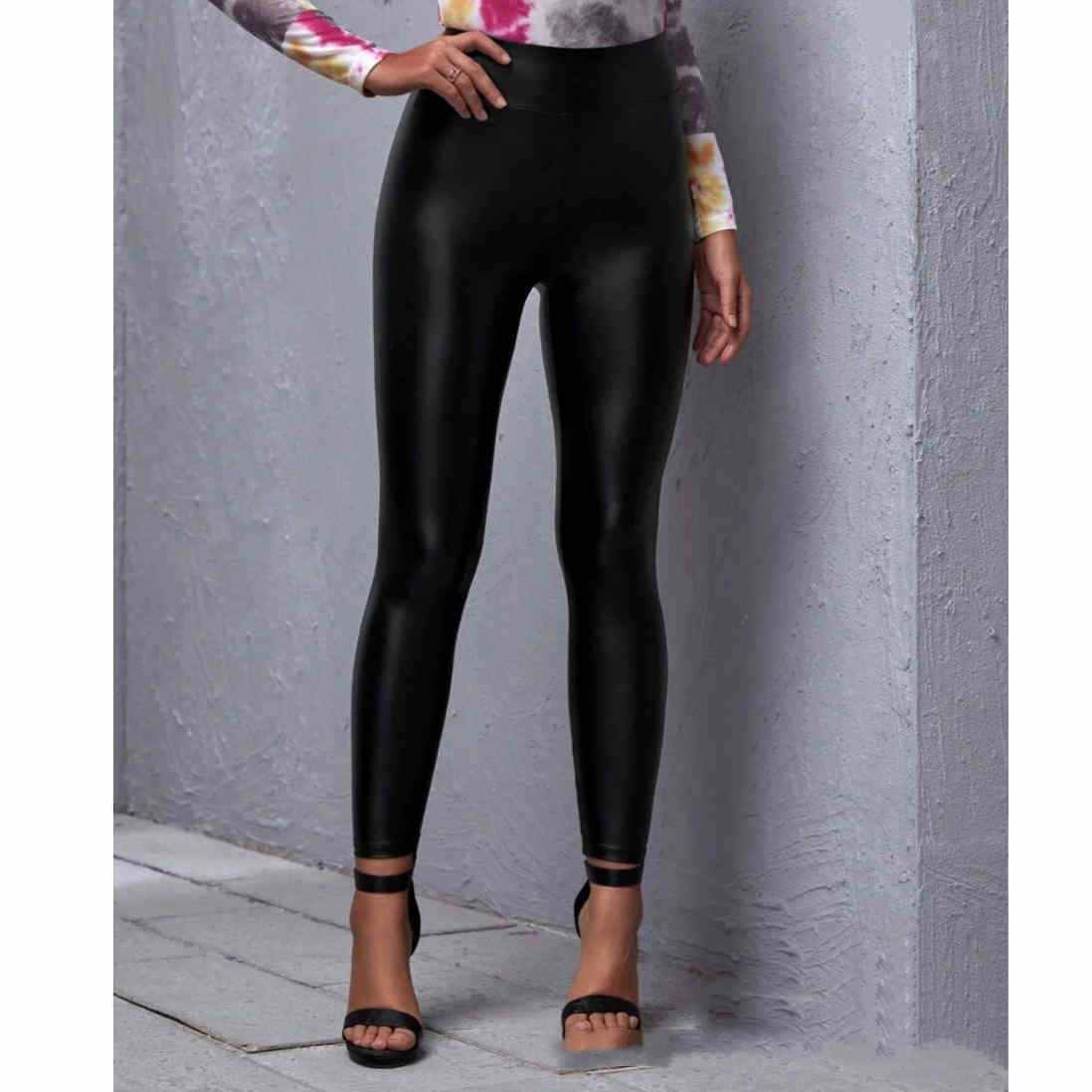 Mid-waist black PU leather pants for women, slim and tight-fitting style.