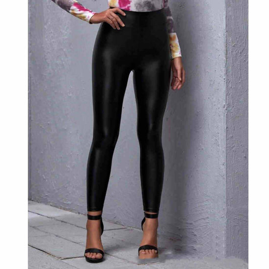 Mid-waist black PU leather pants for women, slim and tight-fitting style.