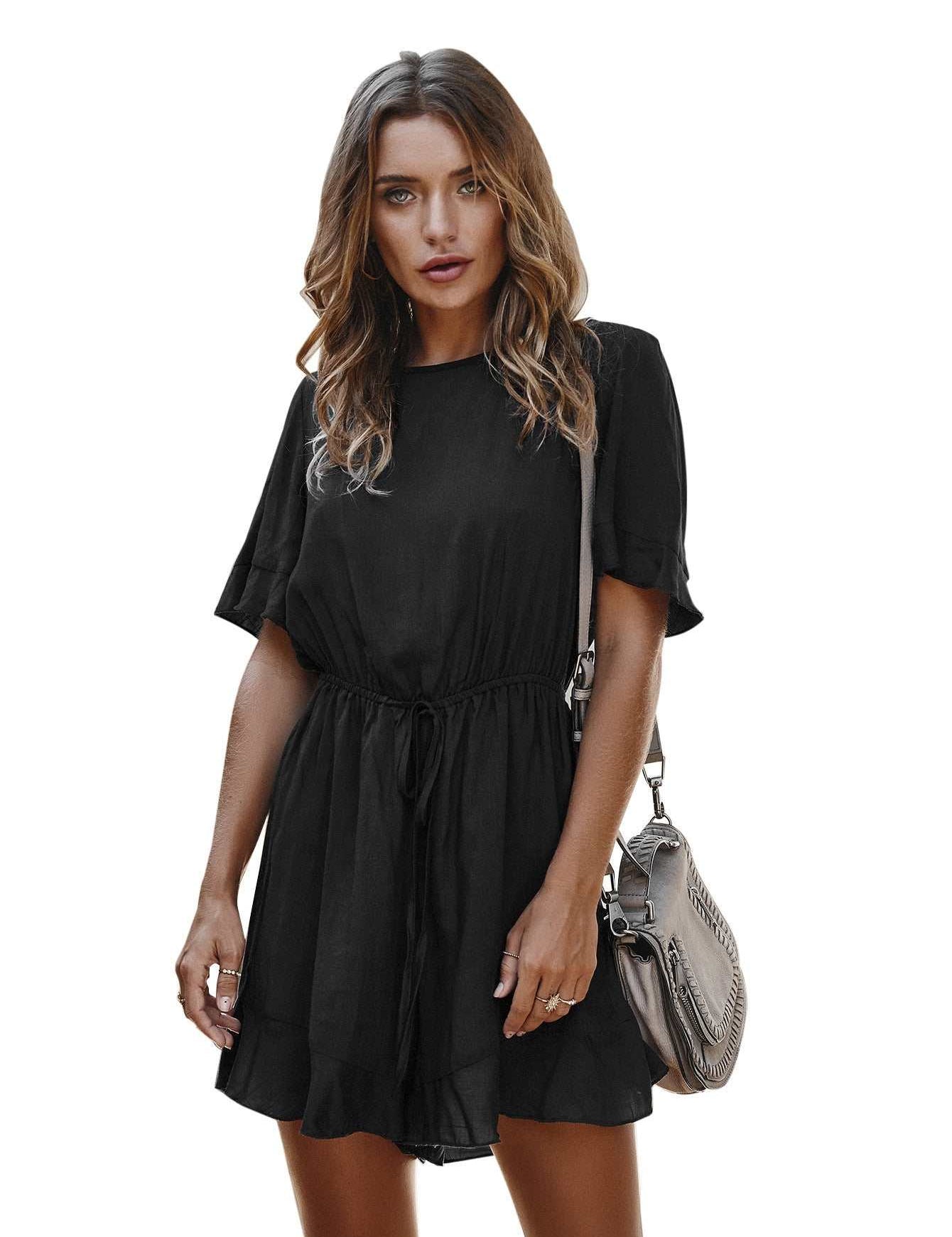 Spring women's black cotton mid-length skirt dress with high waist.