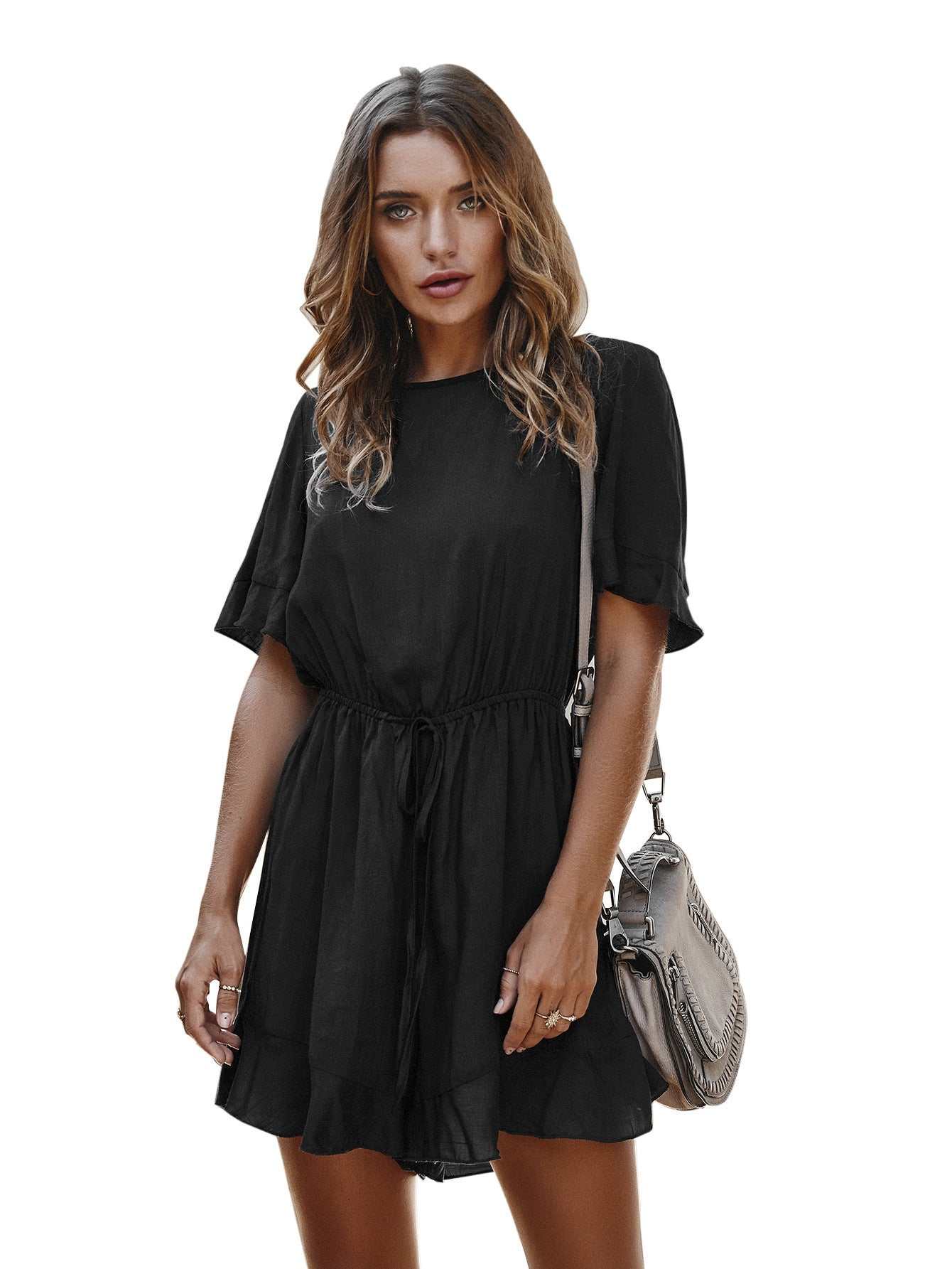 Spring women's black cotton mid-length skirt dress with high waist.