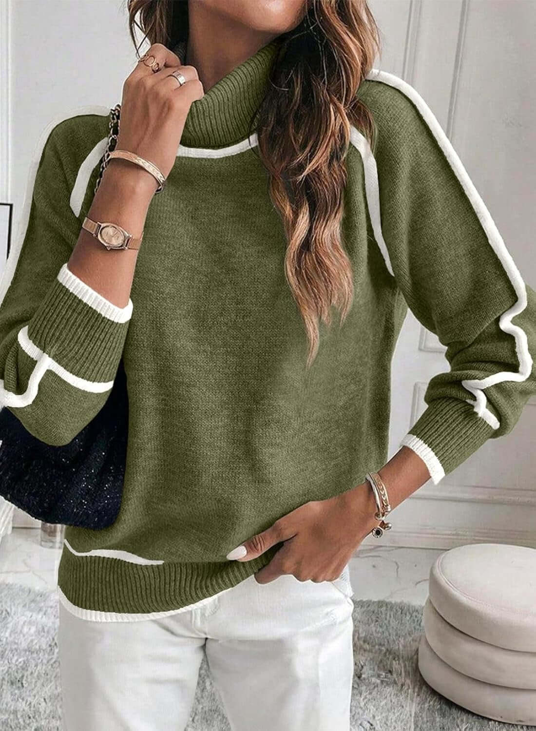 High-necked casual women's knit top in olive green with white accents, perfect for autumn and winter fashion.