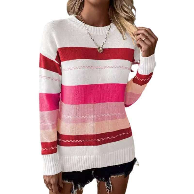 Casual contrast color striped knitted long sleeve sweater in red and pink tones.