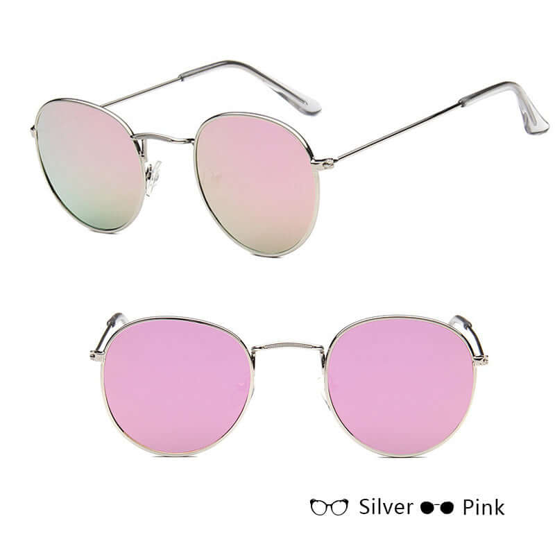 Round frame women retro sunglasses with pink lenses and silver metal frame.