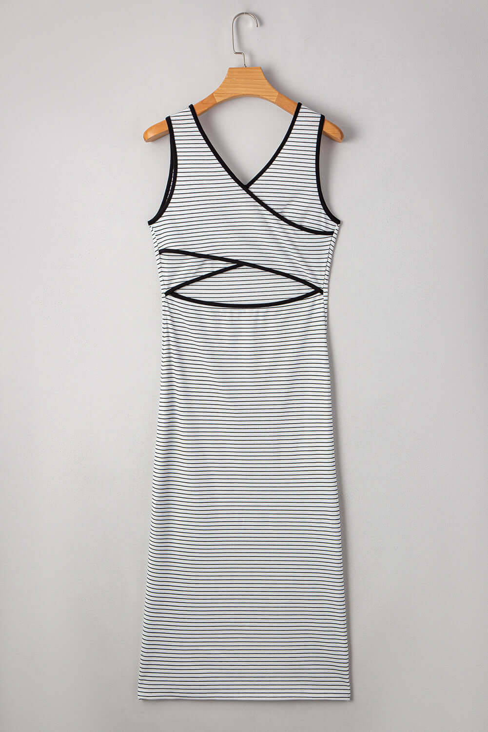 White striped sleeveless slim fit dress with criss-cross back and side slits, perfect for summer styling.