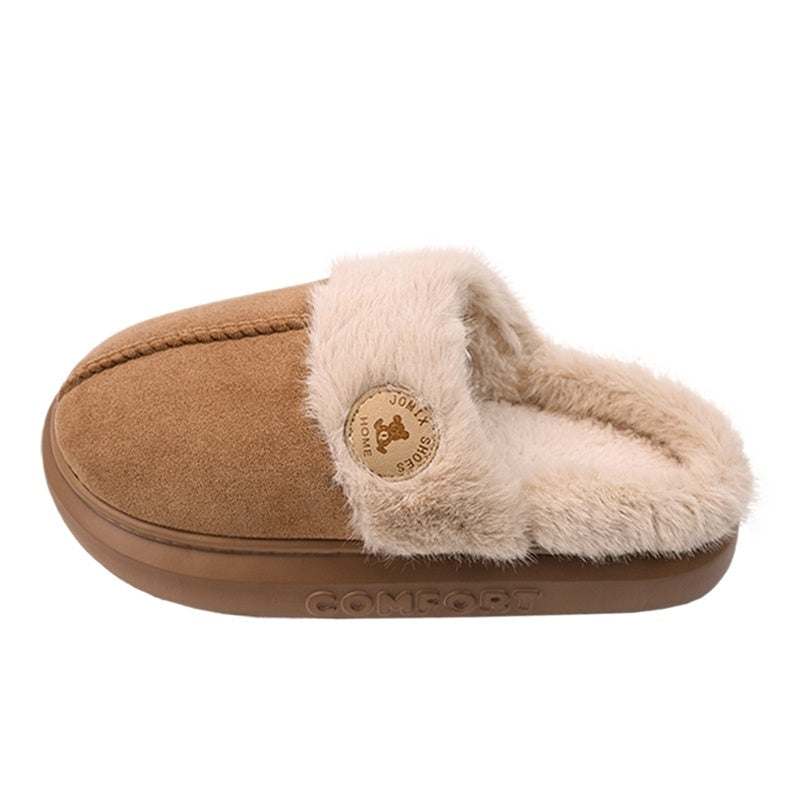 Brown plush fleece slippers with thick sole for winter warmth, featuring car stitching and non-slip PVC material. Suitable for men and women.