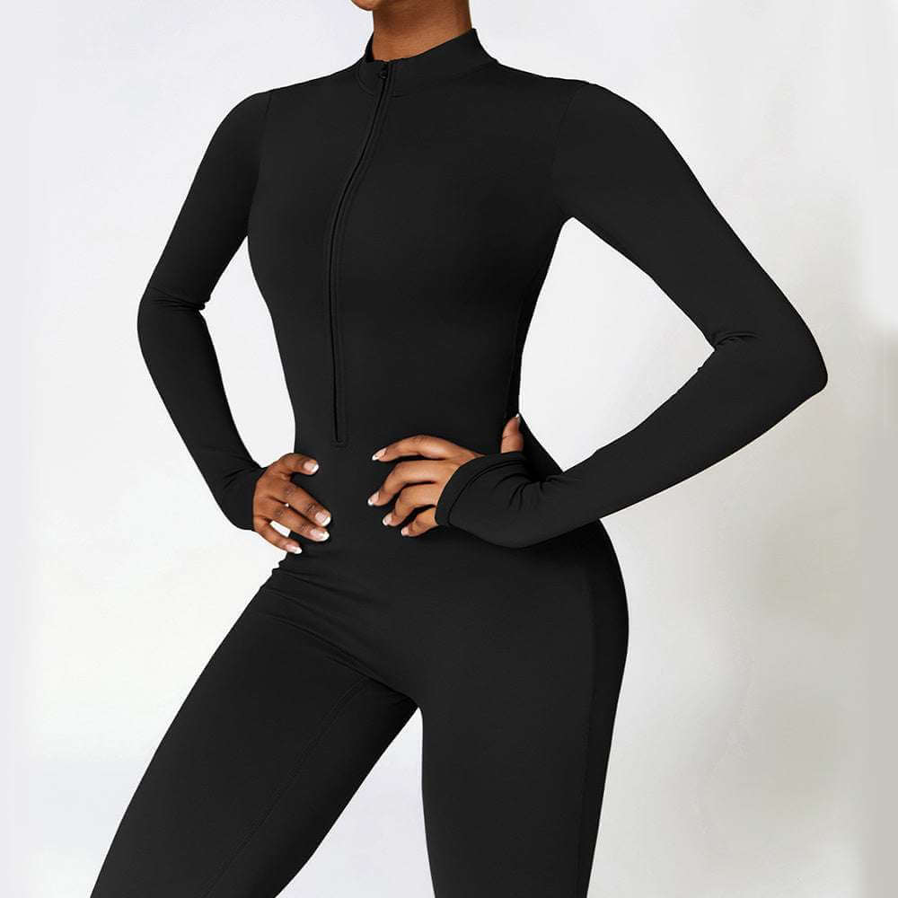 Warm zipper long-sleeved jumpsuit yoga fitness sports pants breathable bodysuit for women in black.