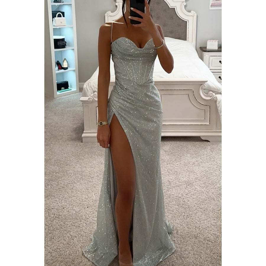 Loose casual slit women's dress in silver, long A-line style, sleeveless, mid-waist, polyester fabric.