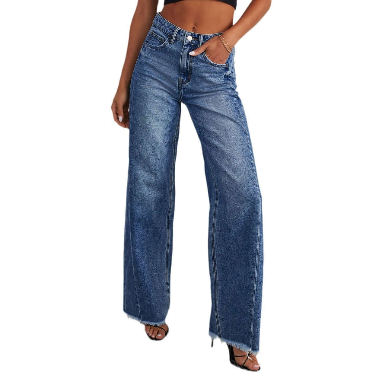 Loose casual straight-leg wide leg mop pants for women in denim.