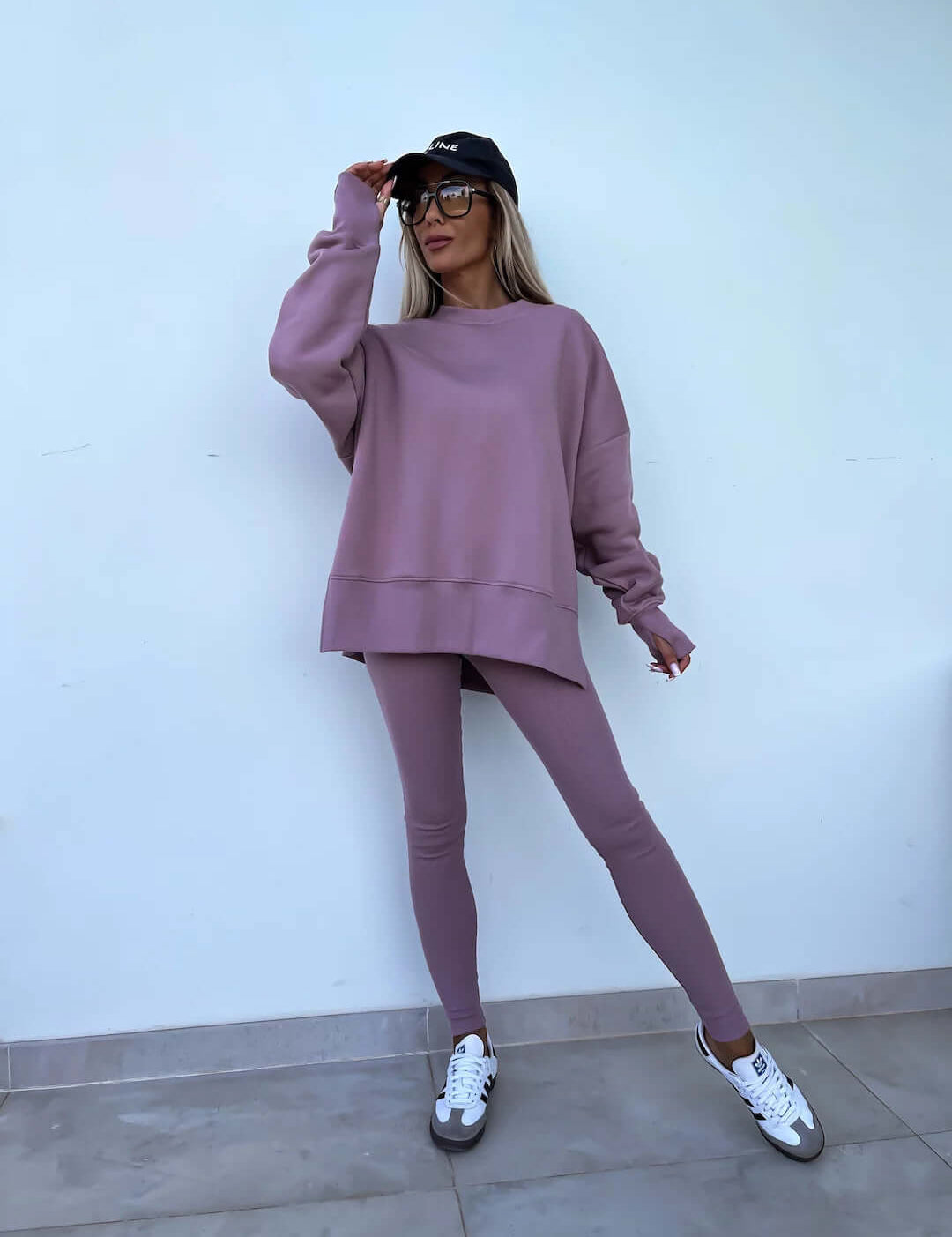 Women's casual loose long sleeve crew neck split top with tight trousers, pink.