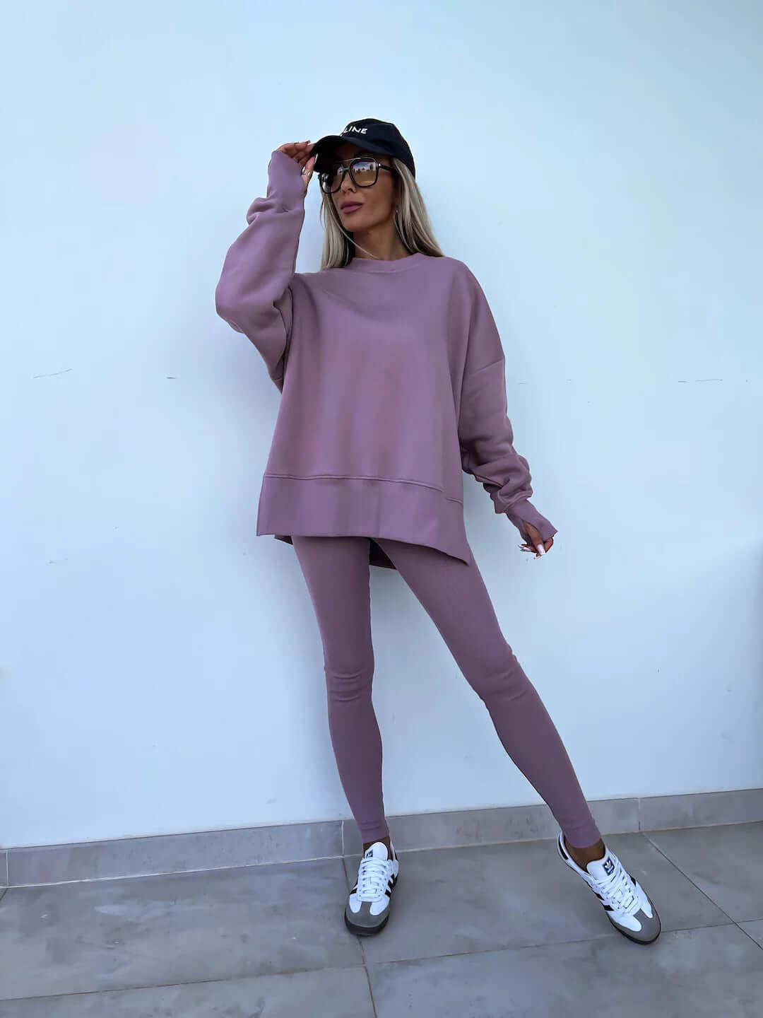 Women's casual loose long sleeve crew neck split top with tight trousers, pink.