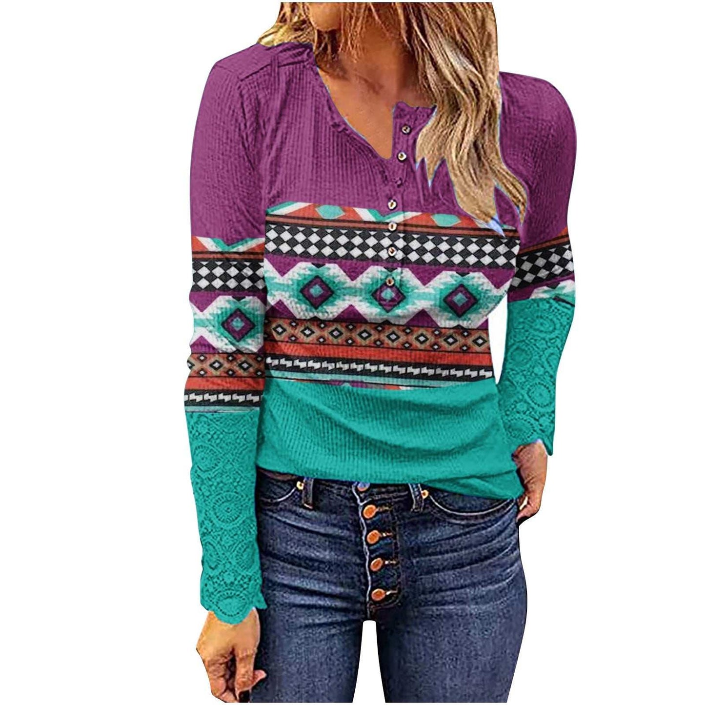 Colorful geometric pattern knitwear pullover with V-neck and long sleeves.