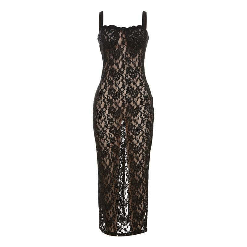 Black off-neck see-through lace slim fit dress, street fashion style.