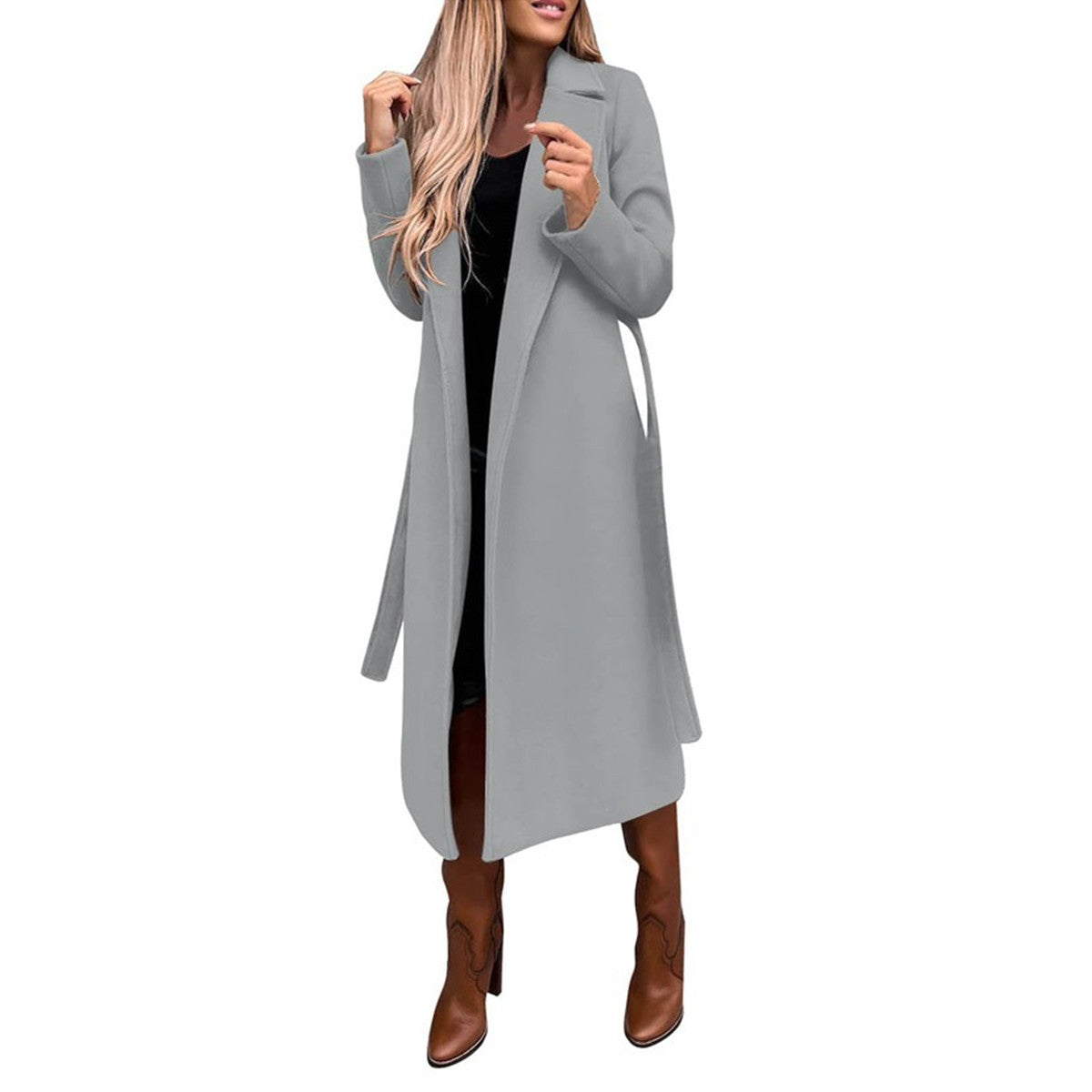 Woolen Coat Simple Fashion V-neck Lace Up Long Coat For Women