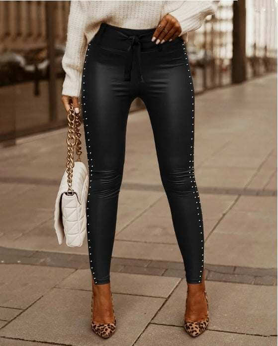 Ladies Waist Strap Tight Leather Pants