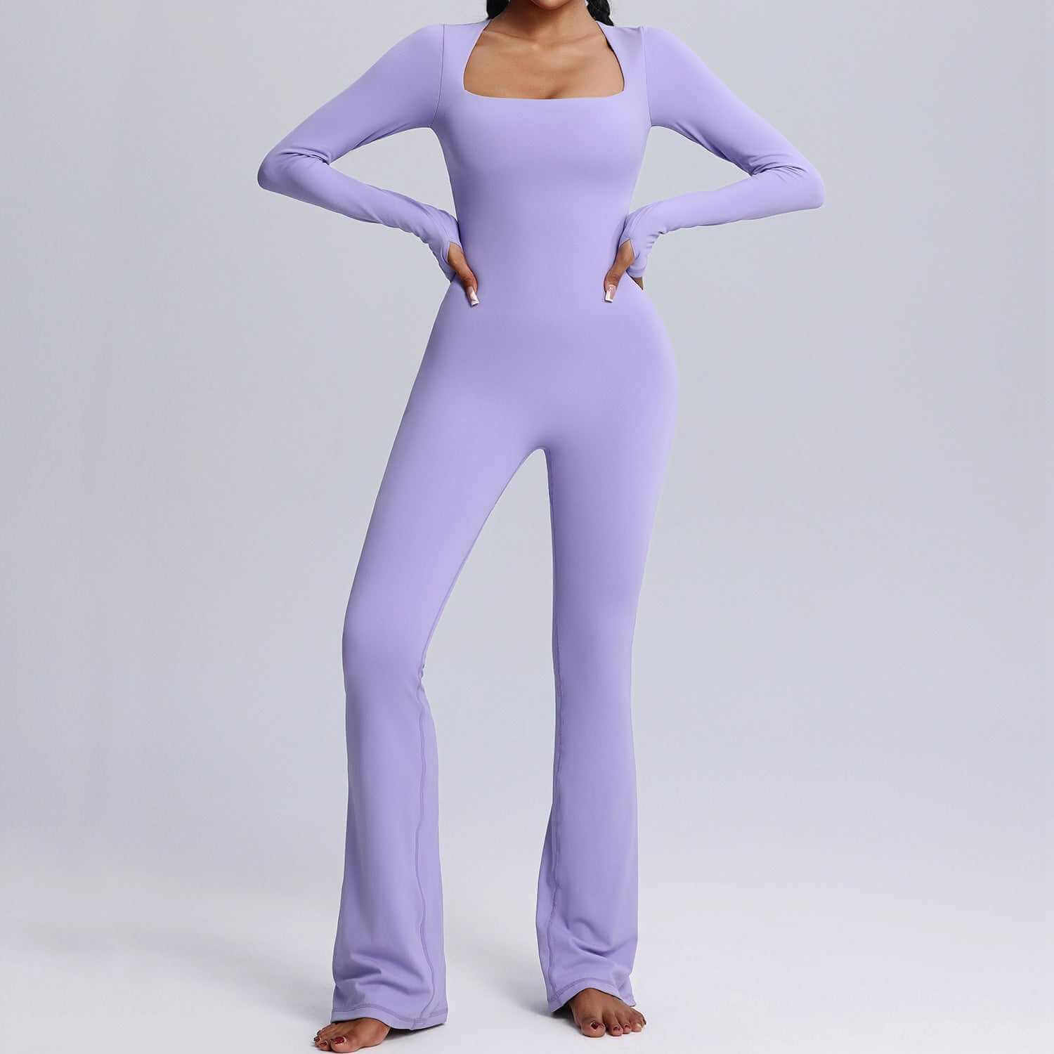 New Square Neck Long-sleeved Jumpsuit Yoga Fitness Sports Flared Pants Breathable Bodysuit Women's Clothing