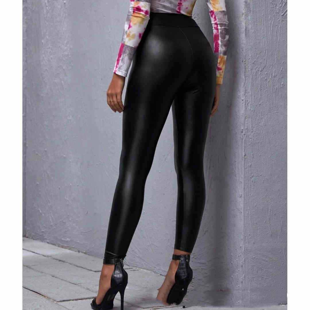 Mid-waist black tight-fitting PU leather pants for women, styled as sexy pencil pants.