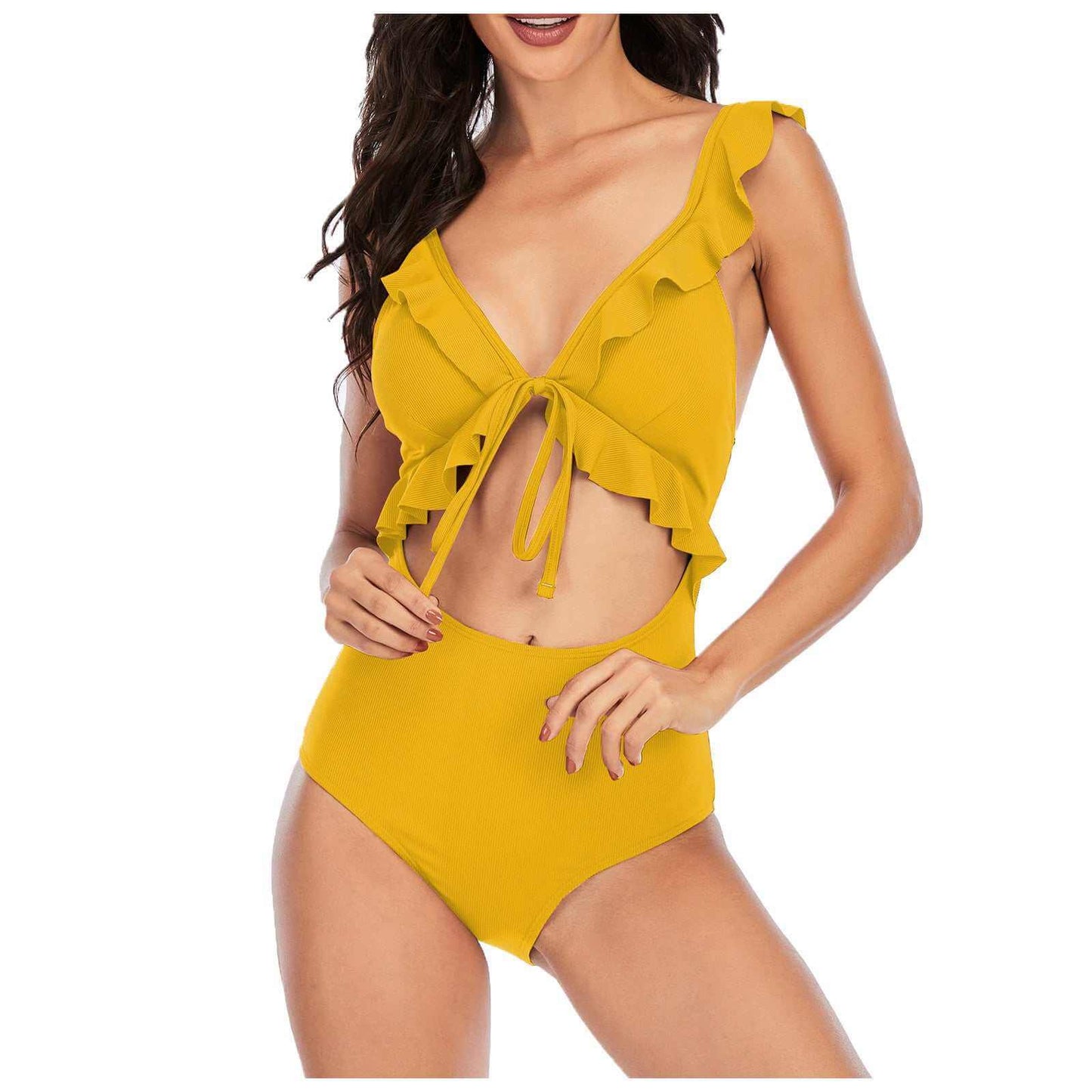 Solid color triangle bikini in yellow, sexy ladies swimwear, sleeveless design.