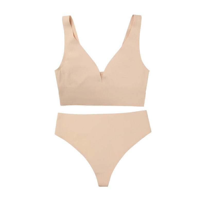 Women's fashion casual seamless wireless push-up bra set in skin color with fixed double-shoulder straps, seamless and breathable design.