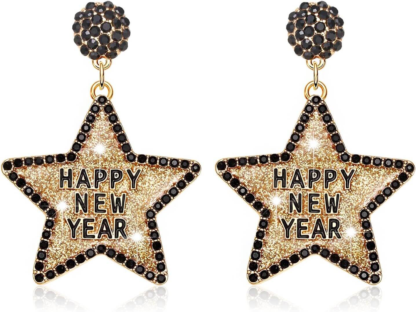 Women Glitter Rhinestone Star Dangle Earrings with "Happy New Year" message, festive holiday accessory.