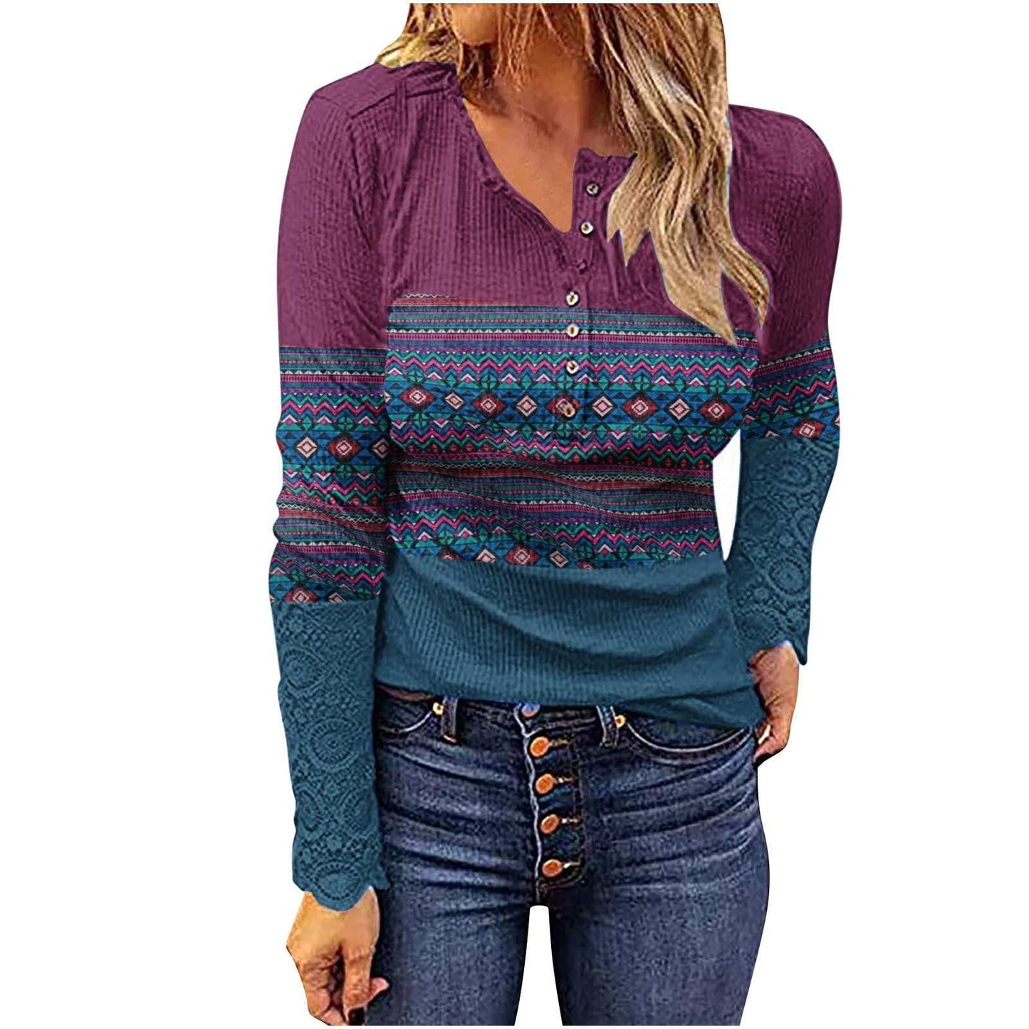 Western European and American style knitwear undercoat with geometric patterns, pullover design, V-neck, and long sleeves in purple and blue tones.