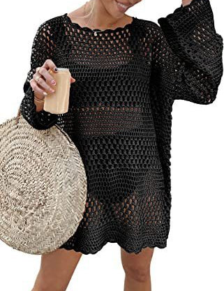 Woven round neck hollow beach cover-up sweater in black with bell sleeves, acrylic fabric.