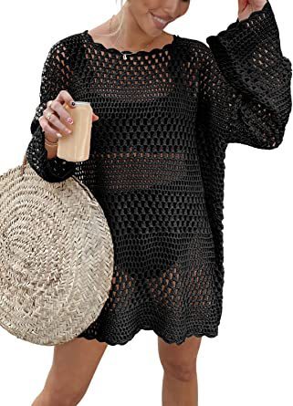 Woven round neck hollow beach cover-up sweater in black with bell sleeves, acrylic fabric.