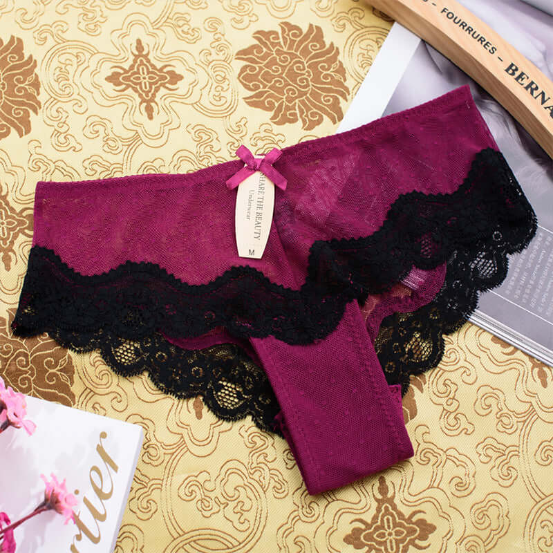 Knitted lace edge low waist ladies' mesh underwear in wine red with black lace, breathable and comfortable design for youth.