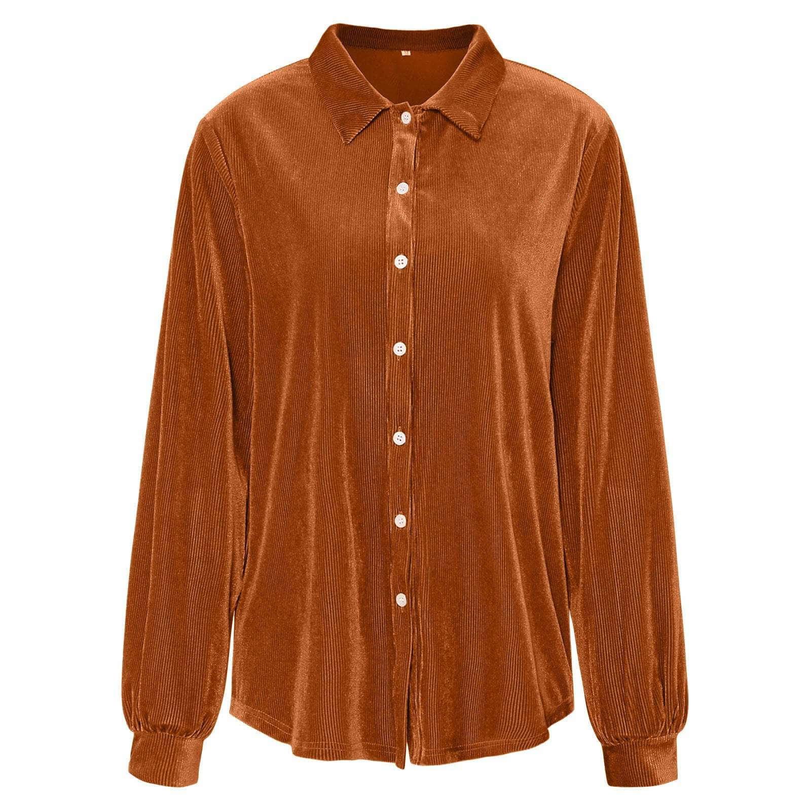 Ladies fashion velvet striped shirt in caramel color with high collar and long sleeves.