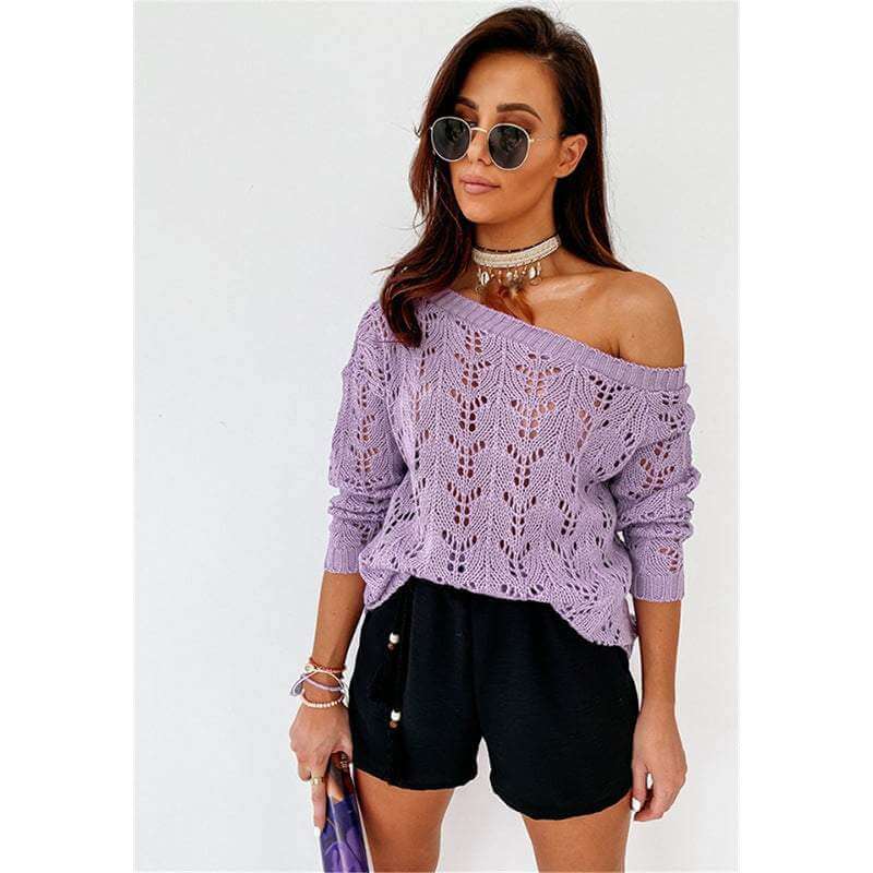 Hollow knit women's acrylic sweater in lavender, off-shoulder design.