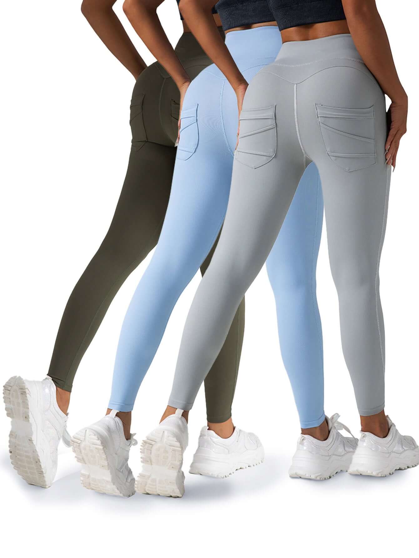 3 pack women's yoga leggings in olive green, sky blue, and light gray, showcasing high waisted design and pockets.