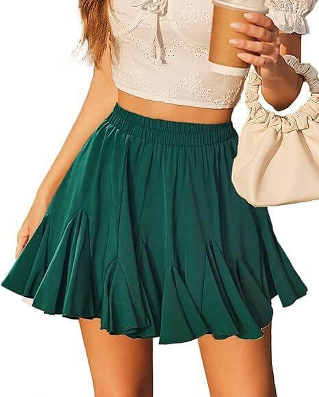 A-line high waist pleated mini skirt in dark green, suitable for summer and spring.