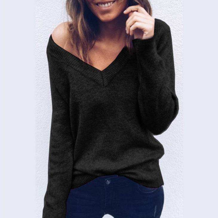 Women's Large V-neck Long Sleeve Sweater in Black - Cotton Pullover Top