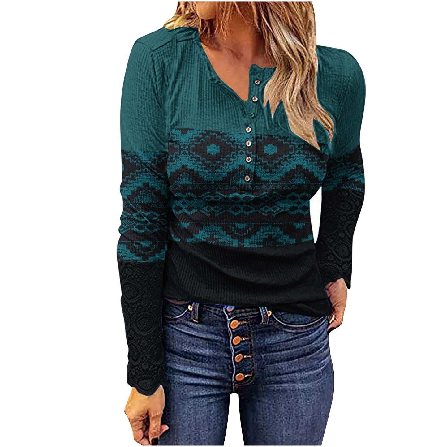 Western European and American style knitwear, geometric patterned pullover with V-neck and buttons in lake blue, long sleeves.