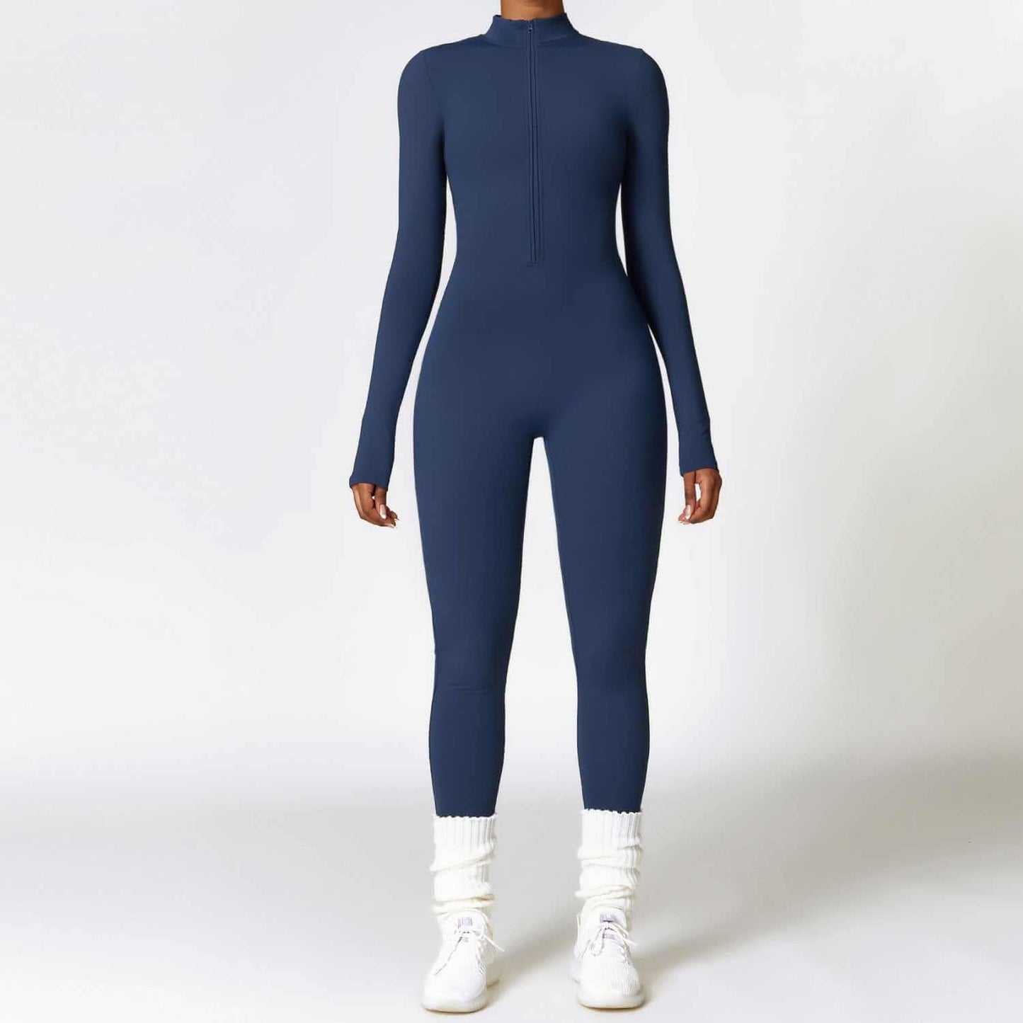 Warm zipper long-sleeved jumpsuit yoga fitness breathable bodysuit for women in blue.