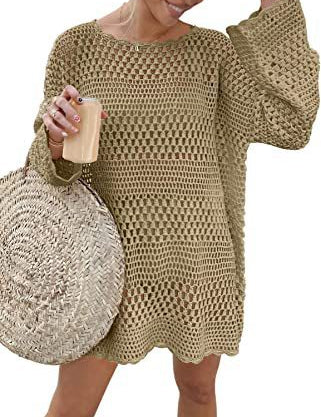 Woven round neck hollow beach cover-up sweater with bell sleeves in khaki.